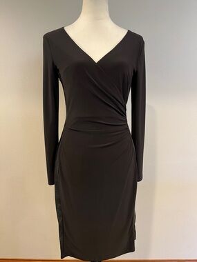Chaps Black Long-Sleeve V-Neck faux Wrap Dress size small petite